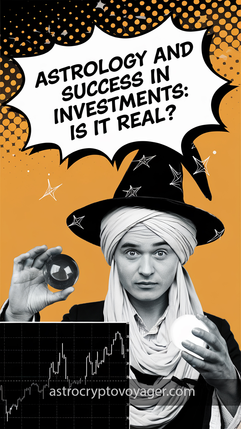 Comic book style, black and white with orange accents: Text on the image: "Astrology and Success in Investments Is It Real."